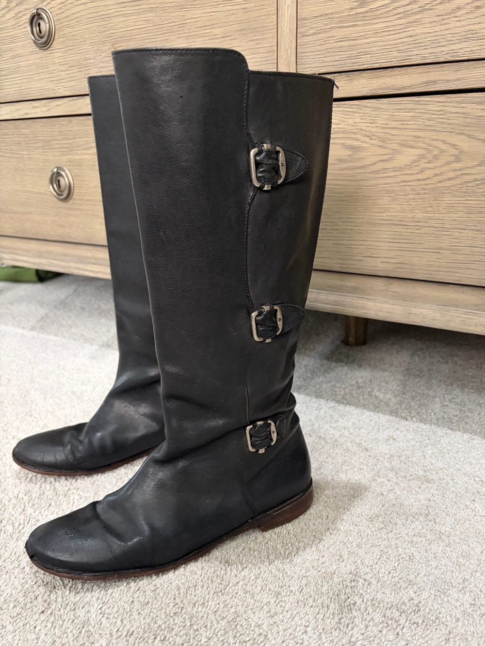 Frye Paige Tall Leather Riding Boots, Women’s 8.5 Black 3 Buckle Boots